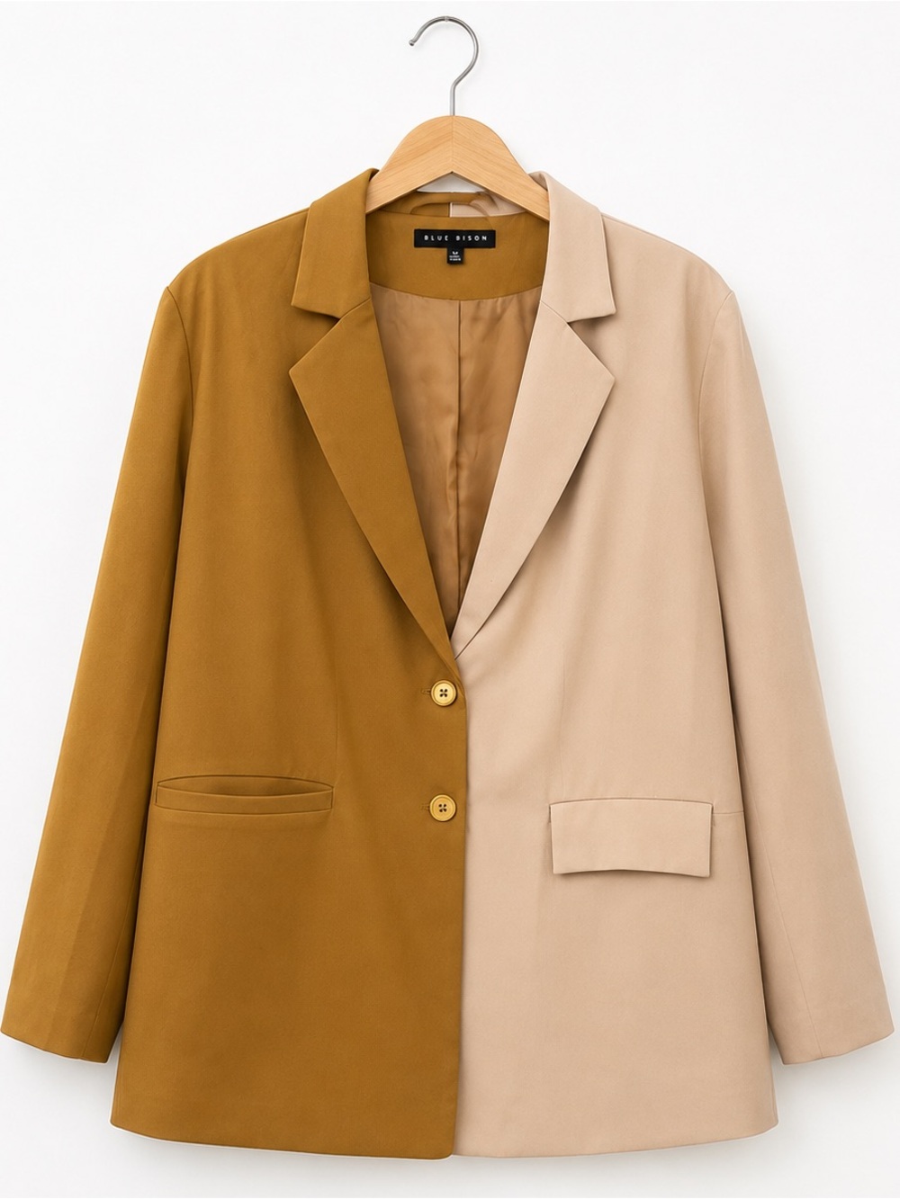 Blue Blush Color Block Blazer Medium Tan Beige Cream